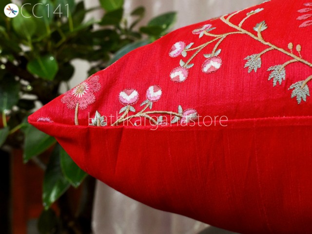 Indian Carrot Red Embroidered Cushion Cover Handmade Embroidery Throw Pillow Decorative Home Decor Pillowcase Sham House Warming Bridal Shower Wedding Gift