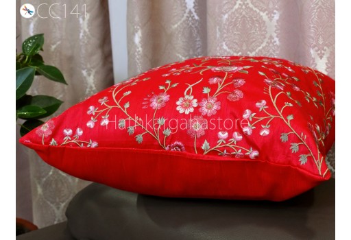Indian Carrot Red Embroidered Cushion Cover Handmade Embroidery Throw Pillow Decorative Home Decor Pillowcase Sham House Warming Bridal Shower Wedding Gift