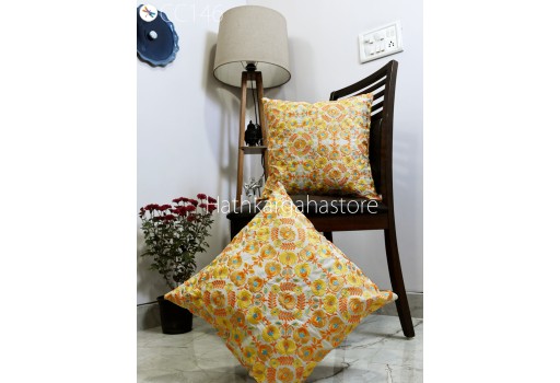 Floral Yellow Embroidered Cushion Cover Handmade Embroidery Throw Pillow Decorative Home Decor Pillowcase Sham House Warming Bridal Shower Wedding Gift