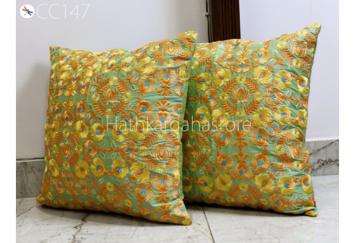 Yellow Floral Embroidered Cushion Cover Handmade Embroidery Throw Pillow Decorative Home Decor Pillowcase Sham House Warming Bridal Shower Wedding Gift