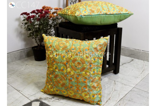 Yellow Floral Embroidered Cushion Cover Handmade Embroidery Throw Pillow Decorative Home Decor Pillowcase Sham House Warming Bridal Shower Wedding Gift