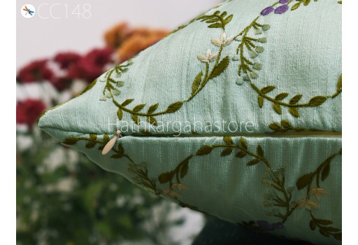 Mint Green Floral Embroidered Cushion Cover Handmade Embroidery Throw Pillow Decorative Home Decor Pillowcase Sham House Warming Bridal Shower Wedding Gift