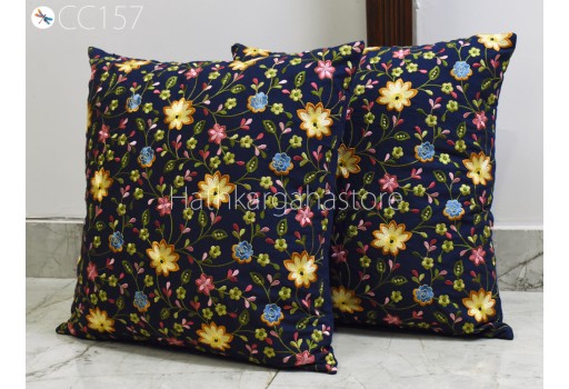 Indian Navy Blue Pillow Cover Cotton Embroidery Cushion Throw Embroidered Decorative Home Decor Pillowcase Sham House Warming Bridal Shower Wedding Gifts