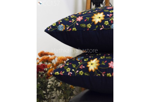 Indian Navy Blue Pillow Cover Cotton Embroidery Cushion Throw Embroidered Decorative Home Decor Pillowcase Sham House Warming Bridal Shower Wedding Gifts