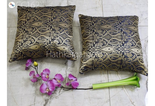 Handmade Navy Blue Brocade Silk Pillow Cover Lumbar Pillowcases Sham Decorative Car Cushion Home Decor House Warming Bridal Shower Wedding Gift Material