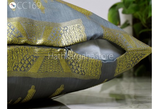 Banarasi Silk Pillow Cover Grey Brocade Handmade Lumbar Pillowcases Sham Decorative Cushion Home Decor House Warming Bridal Shower Wedding Gifts Material