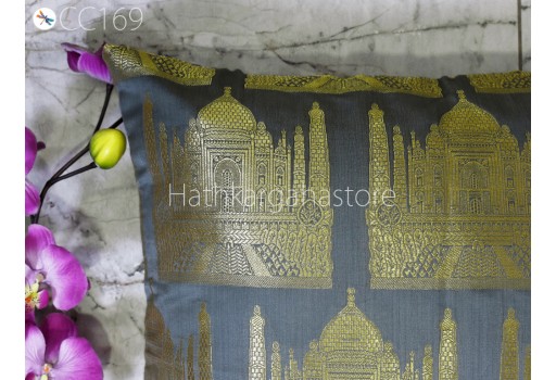 Banarasi Silk Pillow Cover Grey Brocade Handmade Lumbar Pillowcases Sham Decorative Cushion Home Decor House Warming Bridal Shower Wedding Gifts Material