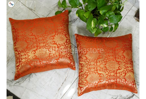 Brocade Silk Orange Pillow Cover Handmade Lumbar Pillowcases Sham Decorative Cushion Home Decor House Warming Bridal Shower Wedding Gifts Material