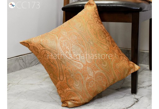 Silk Peach Pillow Cover Banarasi Brocade Handmade Lumbar Pillowcases Sham Decorative Cushion Home Decor House Warming Bridal Shower Wedding Gifts Material