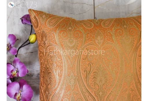 Silk Peach Pillow Cover Banarasi Brocade Handmade Lumbar Pillowcases Sham Decorative Cushion Home Decor House Warming Bridal Shower Wedding Gifts Material