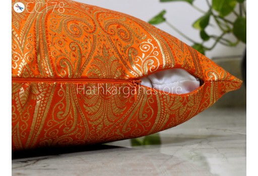 Orange Brocade Silk Pillow Cover Handmade Wedding Gift Lumbar Pillowcases Sham Decorative Cushion Covers Home Decor House Warming Bridal Shower