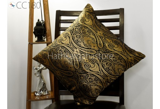 Black Brocade Silk Pillow Cover Lumbar Handmade Pillowcases 18*18 Sham Decorative Cushion Indian Home Decor House Warming Bridal Shower Wedding Gift