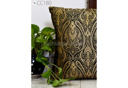 Black Brocade Silk Pillow Cover Lumbar Handmade Pillowcases 18*18 Sham Decorative Cushion Indian Home Decor House Warming Bridal Shower Wedding Gift