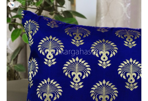 Handmade Royal Blue Brocade Silk Pillow Cover Lumbar Pillowcases Sham Decorative Cushion Home Decor House Warming Bridal Shower Wedding Gift