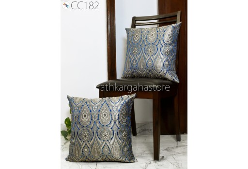Blue Brocade Silk Pillow Cover Lumbar Pillowcases Sham Handmade Decorative Cushion Home Decor House Warming Bridal Shower Wedding Gift