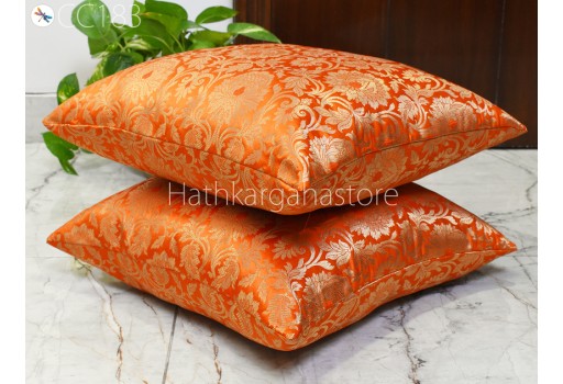 Brocade Silk Orange Pillow Cover Lumbar Handmade Pillowcases Sham Decorative Cushion Home Decor House Warming Bridal Shower Wedding Gift