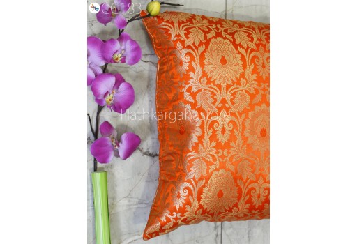 Brocade Silk Orange Pillow Cover Lumbar Handmade Pillowcases Sham Decorative Cushion Home Decor House Warming Bridal Shower Wedding Gift