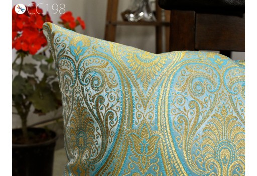 Turquoise Brocade Silk Pillow Cover Lumbar Pillowcases Handmade Sham Decorative Cushion Home Decor House Warming Bridal Shower Wedding Gift 