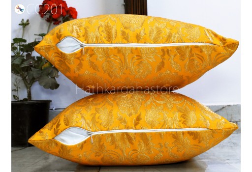 Yellow Brocade Silk Pillow Cover Handmade Lumbar Pillowcases Sham Decorative Cushion Home Decor House Warming Bridal Shower Wedding Gift 