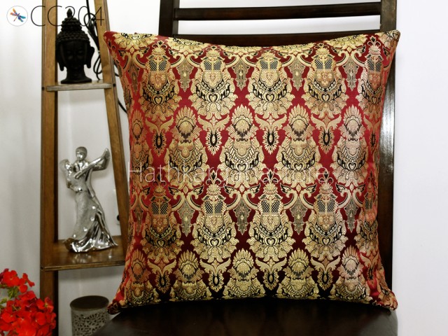 Maroon Pillow Cover Handmade Lumbar Brocade Silk Pillowcases Sham Decorative Cushion Home Decor House Warming Bridal Shower Wedding Gift