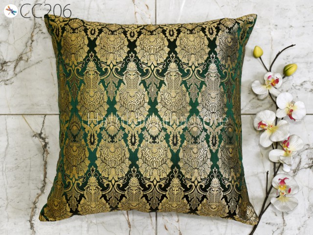 Green Silk Pillow Cover Pillowcase Handmade Lumbar Sham Gold Brocade Decorative Cushion Home Decor House Warming Bridal Shower Wedding Gift 