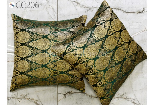 Green Silk Pillow Cover Pillowcase Handmade Lumbar Sham Gold Brocade Decorative Cushion Home Decor House Warming Bridal Shower Wedding Gift 