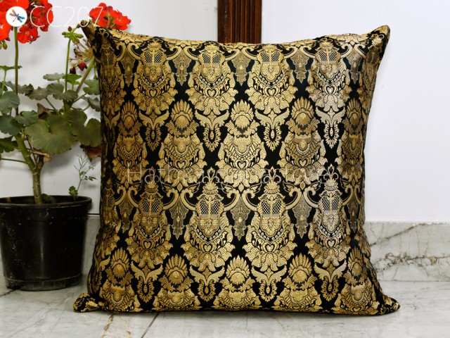Black Brocade Silk Pillow Cover Handmade Lumbar Pillowcase Sham Decorative Cushion Home Decor House Warming Bridal Shower Wedding Gift 