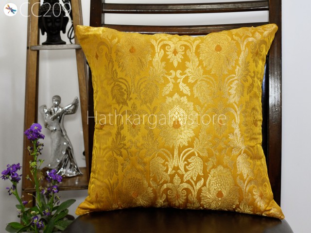 Yellow Brocade Silk Pillow Cover Handmade Lumbar Pillowcases Sham Decorative Cushion Home Decor House Warming Bridal Shower Wedding Gift