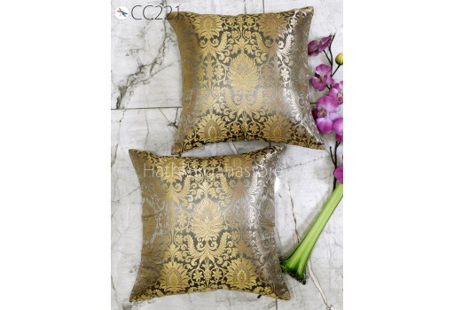 Grey and Gold Brocade Silk Pillow Cover Handmade Lumbar Pillowcases Sham Decorative Cushion Home Decor House Warming Bridal Shower Wedding Gift.