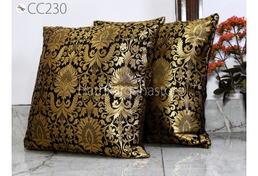 Black Brocade Silk Pillow Cover 16*16 Inches Handmade Lumbar Pillowcase Sham Decorative Cushion Home Decor House Warming Bridal Shower Wedding Gift