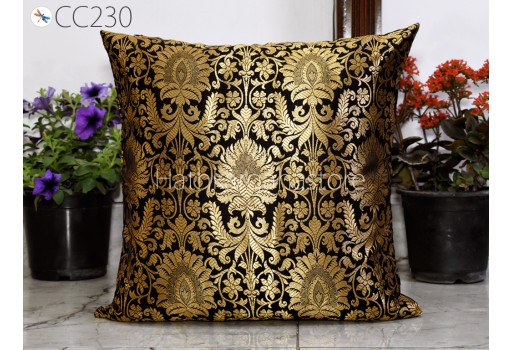 Black Brocade Silk Pillow Cover 16*16 Inches Handmade Lumbar Pillowcase Sham Decorative Cushion Home Decor House Warming Bridal Shower Wedding Gift