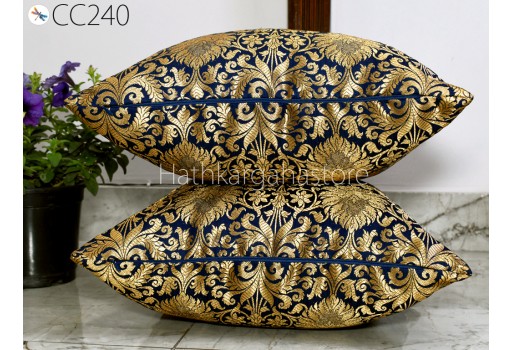 Navy Blue Brocade Silk Pillow Cover Handmade Lumbar Pillowcases Sham Decorative Cushion Home Decor House Warming Bridal Shower Wedding Gift