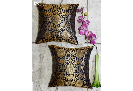 Navy Blue Brocade Silk Pillow Cover Handmade Lumbar Pillowcases Sham Decorative Cushion Home Decor House Warming Bridal Shower Wedding Gift