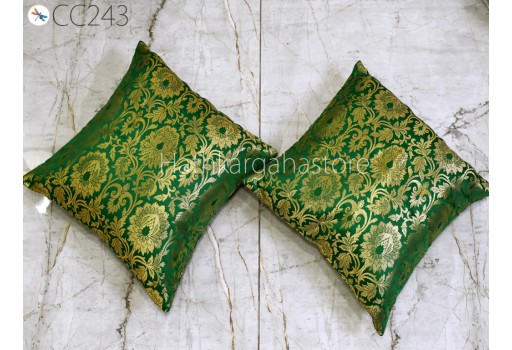 Green Silk Pillow Cover Pillowcases Handmade Lumbar Sham Gold Brocade Decorative Cushion Home Decor House Warming Bridal Shower Wedding Gift