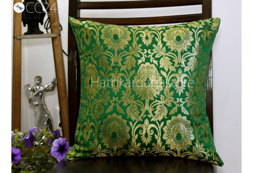 Green Silk Pillow Cover Pillowcases Handmade Lumbar Sham Gold Brocade Decorative Cushion Home Decor House Warming Bridal Shower Wedding Gift