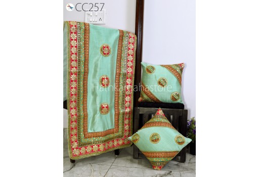 2 Pc Bohemian Cushion Cover with Table Runner Indian Hippie Cushion Throw Pillow Covers Colorful Decorative Patchwork Pillowcase Boho Décor