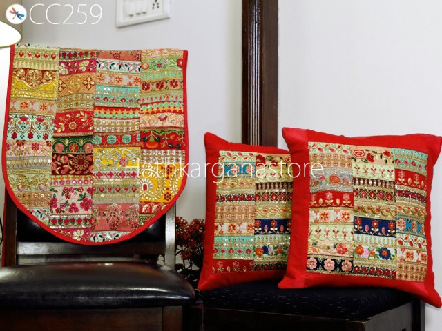 2 Pc Bohemian Pillowcase with Table Runner Indian Hippie Cushion Throw Cushion Covers Colorful Decorative Patchwork Pillowcase Boho Decor