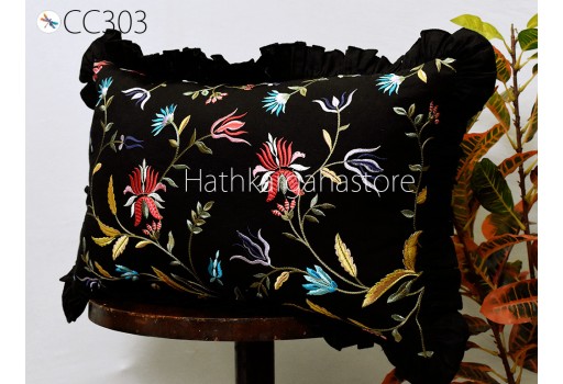 Black Embroidered Frill Throw Pillow Sham Rectangle 12X20 Cushion Cover Cotton Embroidery Handmade Decorative Pillowcase House Warming Gift Home Decor