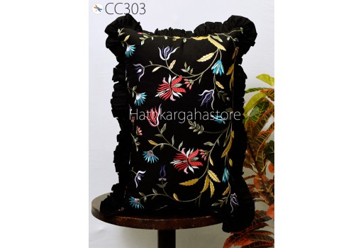 Black Embroidered Frill Throw Pillow Sham Rectangle 12X20 Cushion Cover Cotton Embroidery Handmade Decorative Pillowcase House Warming Gift Home Decor