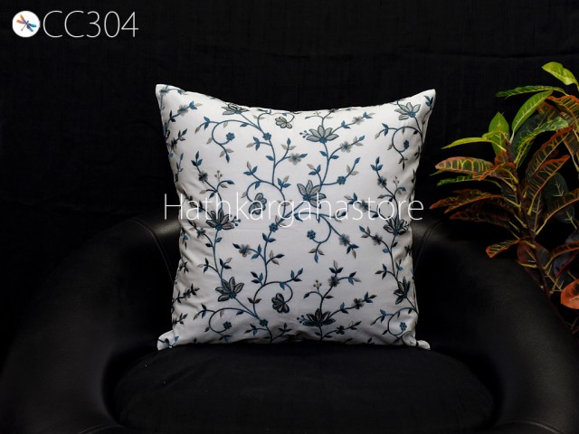 White Embroidered Throw Pillow Square Decorative Home Decor Pillow Cover Handmade Embroidery Cushion Cover House Warming Bridal Shower Gift.