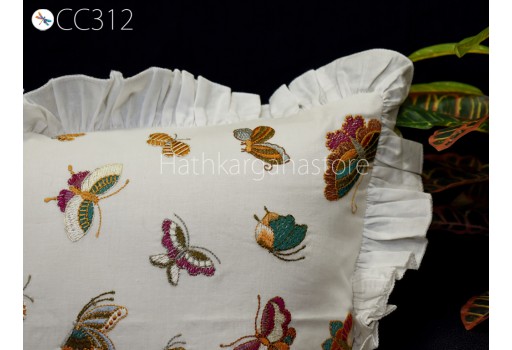Butterfly Embroidered Frill Throw Pillow Sham Rectangle 12X26 Cushion Cover Handmade Decorative Pillowcase Housewarming Gift Home Decor