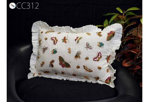 Butterfly Embroidered Frill Throw Pillow Sham Rectangle 12X26 Cushion Cover Handmade Decorative Pillowcase Housewarming Gift Home Decor