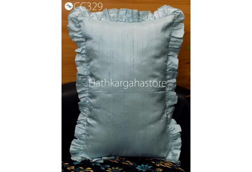 Powder Blue Throw Pillow Dupioni Pure Silk Frill Silk Pillowcase Cushion Cover Handmade Decorative Home Decor Housewarming Wedding Gift