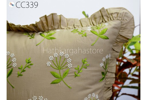 Brown Embroidered Frill Throw Pillow Cushion Cover Handmade Embroidery Decorative Home Decor Pillowcase Housewarming Bridal Shower Wedding