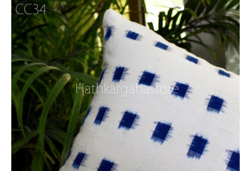 Blue Handwoven Ikat Cushion Cover Decorative Pure Cotton Double Sided Throw Pillow Cover House Warming Bridal Shower Wedding Gift Home Decor