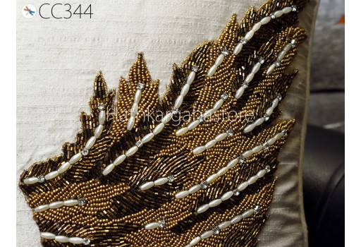 Beads Hand Embroidery Dupioni Pure Silk Pillowcase Throw Pillow 16X16 Handmade Cushion Cover Decorative Home Decor House Warming Wedding