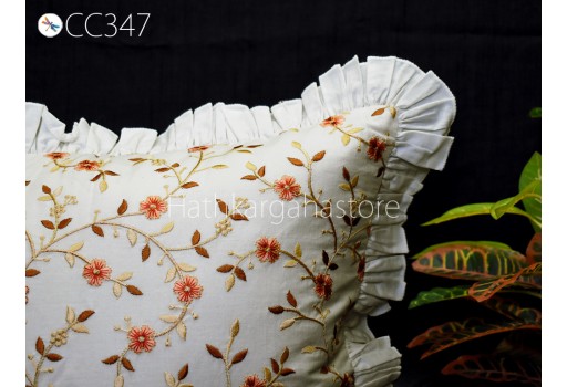 White Embroidered Frill Throw Pillow Cushion Cover Handmade Embroidery Decorative Home Decor Pillowcase Housewarming Bridal Shower Wedding.