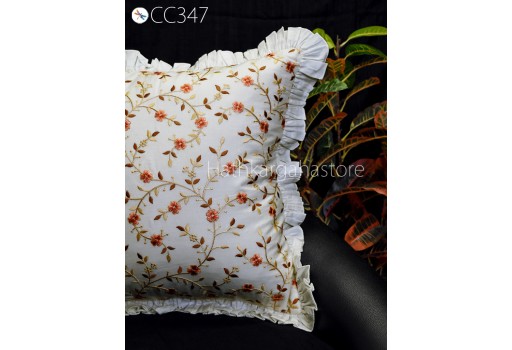 White Embroidered Frill Throw Pillow Cushion Cover Handmade Embroidery Decorative Home Decor Pillowcase Housewarming Bridal Shower Wedding.