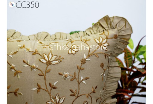 Brown Embroidered Frill Throw Pillow Cushion Cover Handmade Embroidery Decorative Home Decor Pillowcase House Warming Bridal Shower Wedding