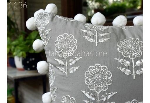 Grey Embroidered Cushion Cover Decorative Home Decor Pillow Cover Handmade Embroidery Throw Pillow House Warming Bridal Shower Wedding Gift